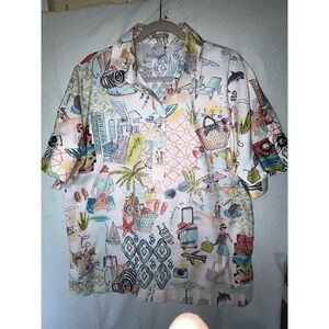Chicos No Iron Chic Stretch Bold Travel Motif Tunic  Decorative Sleeves Size 2